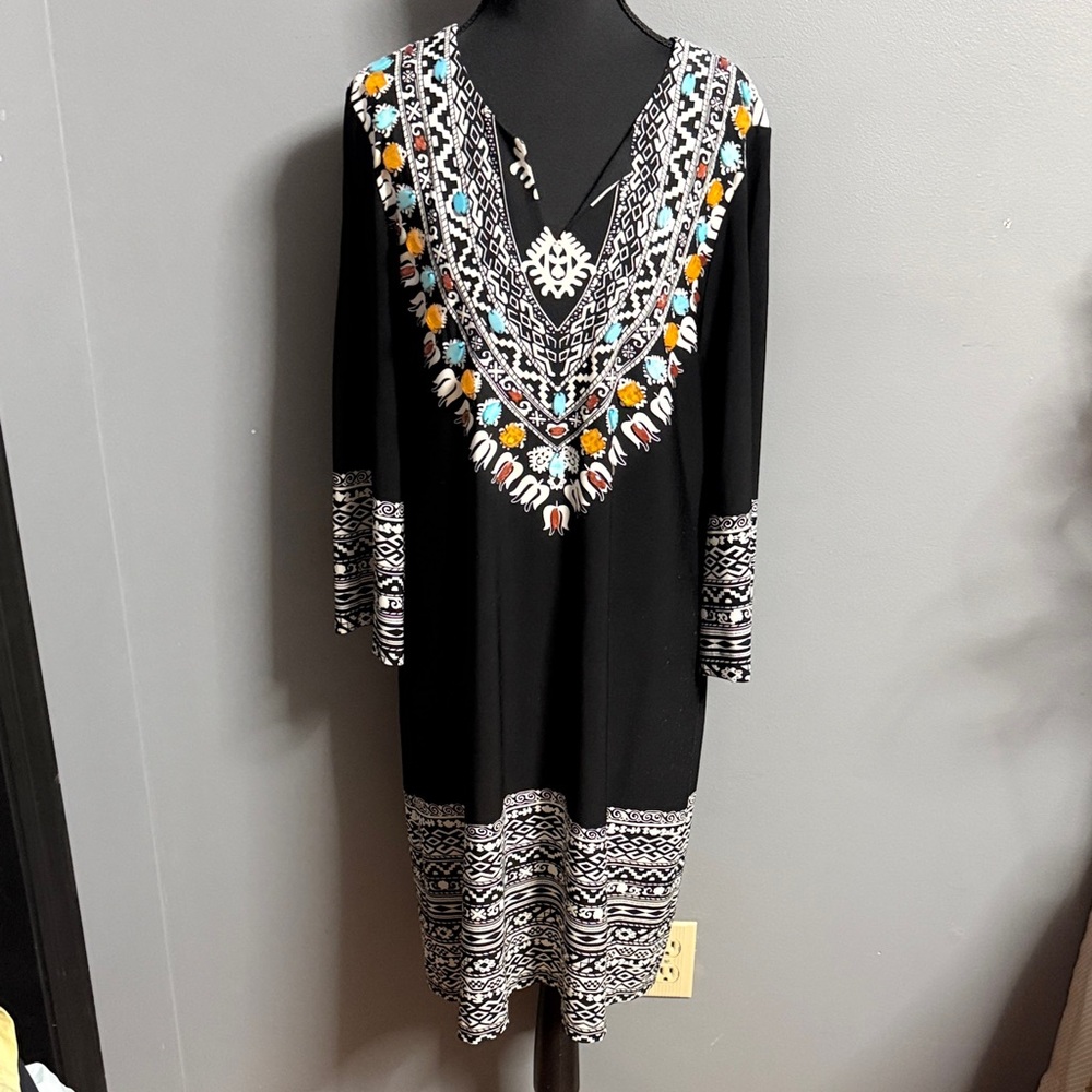 Chico’s V-Neck Black Midi Dress with Colorful Trim size 2